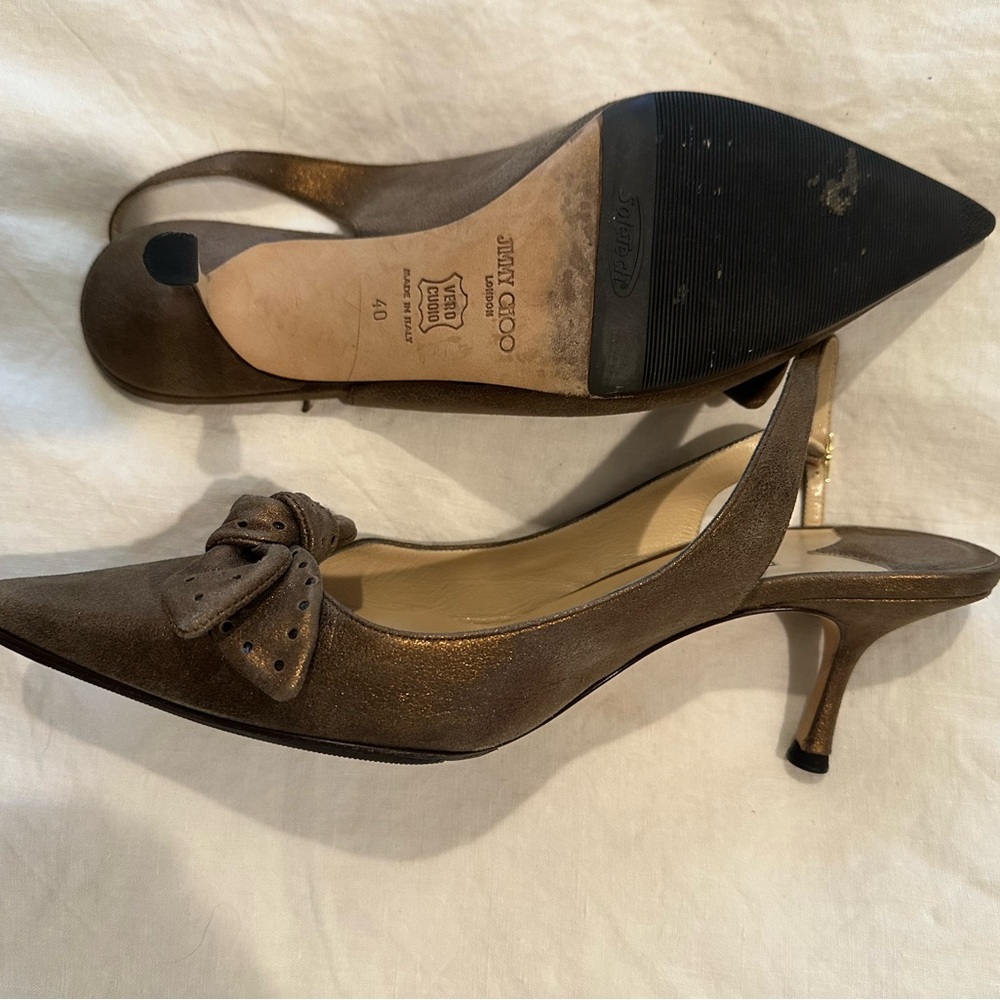 Jimmy Choo Bronze Bow Slingback Heels
